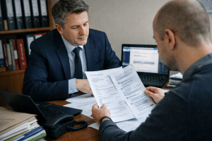 Konsultacja w polskiej kancelarii – klient pokazuje potwierdzenia przelewów i korespondencję, prawnik analizuje dokumenty w sprawie o oszustwo