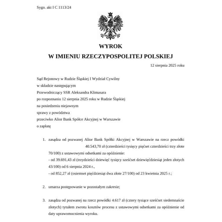 Wyrok SKD przeciwko Alior Bank Sąd Rejonowy w Rudzie Śląskiej