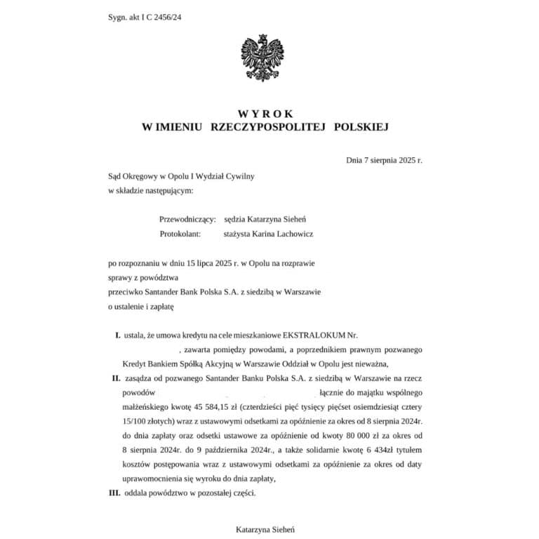 Wyrok Sądu Okręgowego w Opolu przeciwko Santander - unieważnienie umowy kredytu frankowego