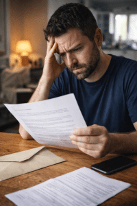 mężczyzna czyta pismo i wygląda na zaniepokojonego przy stole