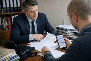 Konsultacja w polskiej kancelarii – klient pokazuje wiadomości z groźbami na telefonie, prawnik analizuje dokumenty