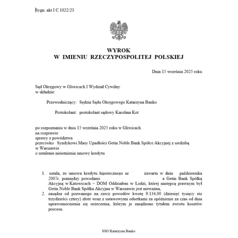 Wyrok Sądku Okręgowego w Gliwicach przeciwko Syndykowi Getin Bank