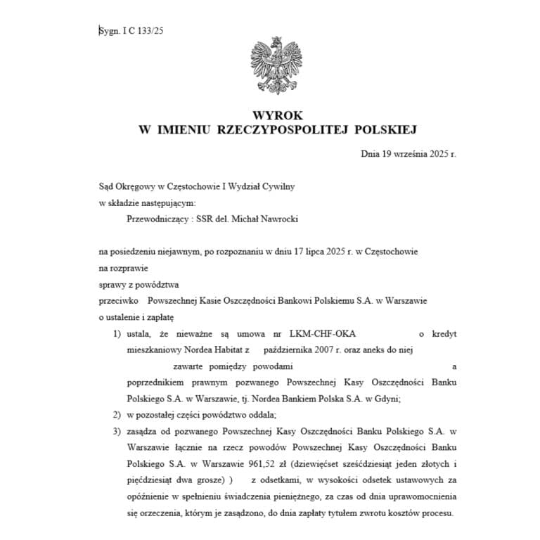 Wyrok Sądu Okręgowego w Częstochowie przeciwko PKO BP