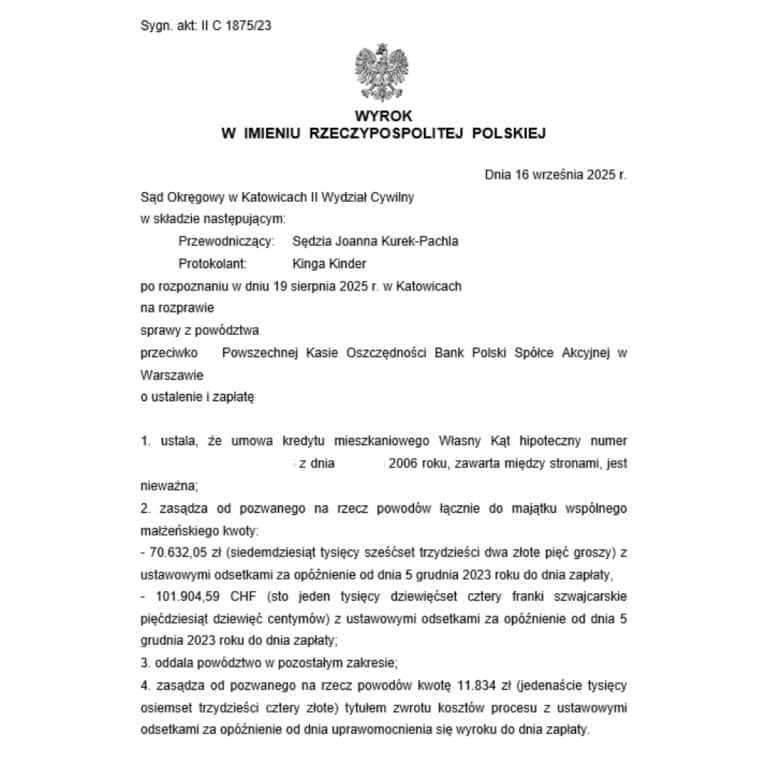 Wyrok Sądu Okręgowego w Katowicach przeciwko PKO BP