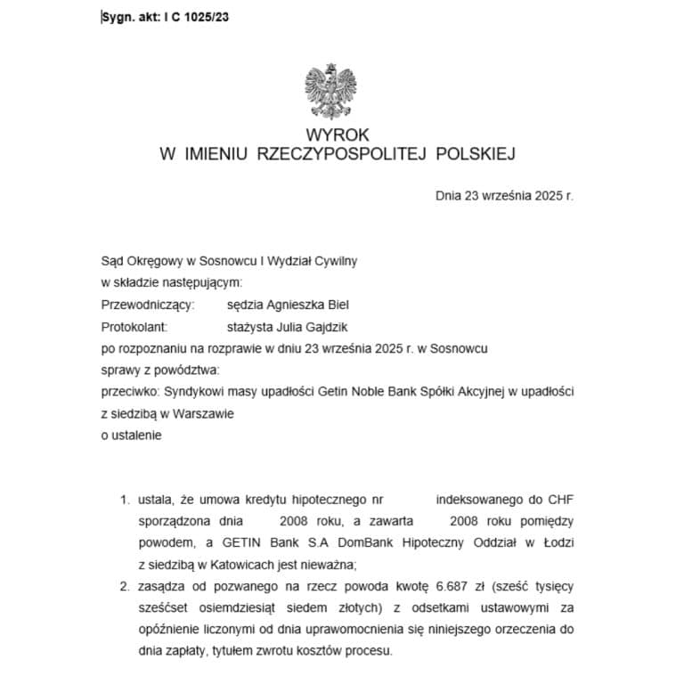 Wyrok Sądu Okręgowego w Sosnowcu przeciwko Getin Bank