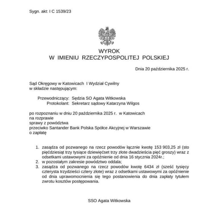 Wyrok CHF Sądu Okręgowego Katowice przeciwko Santander