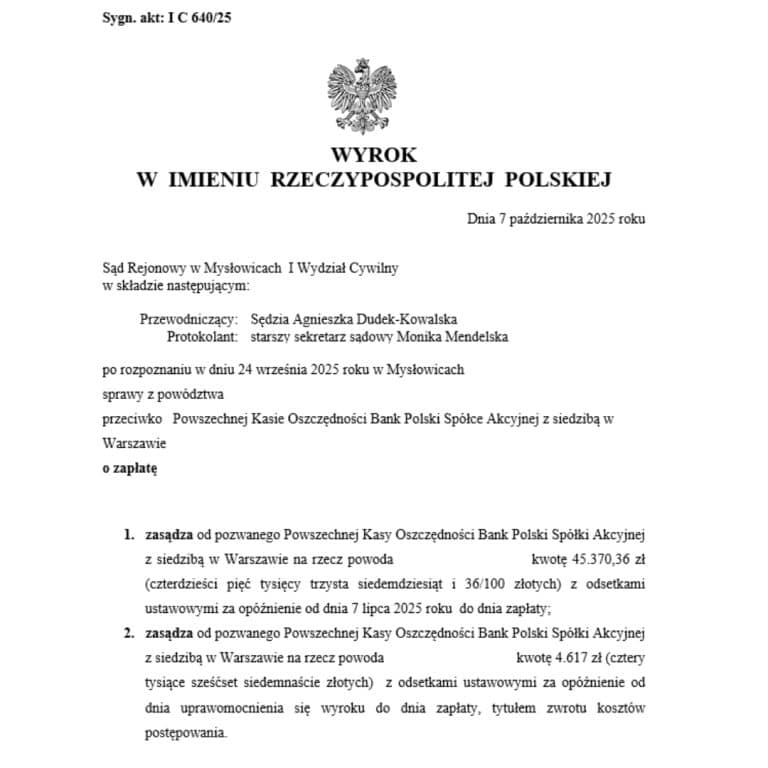 Wyrok SKD Sąd Rejonowy w Mysłowicach przeciwko PKO BP