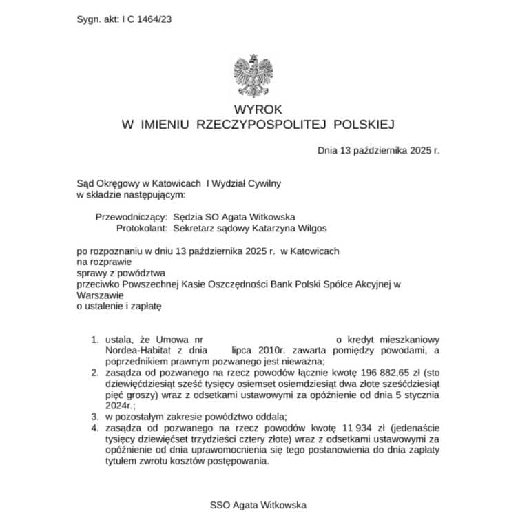 Wyrok frankowy Sąd Okręgowy w Katowicach przeciwko PKO BP SA