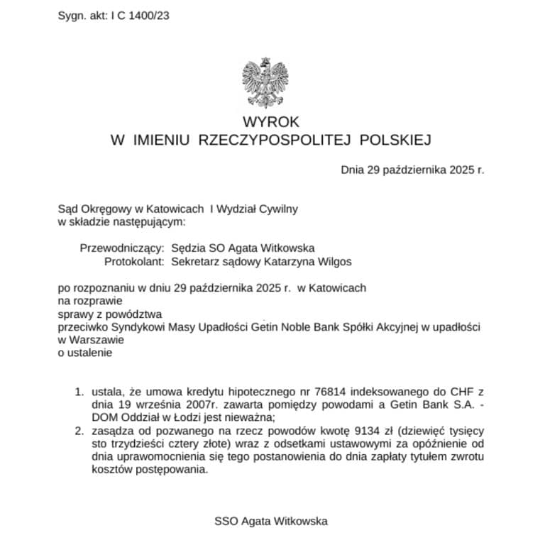 Wyrok frankowy przeciwko Syndykowi Getin Noble Bank Sąd Okręgowy w Katowicach