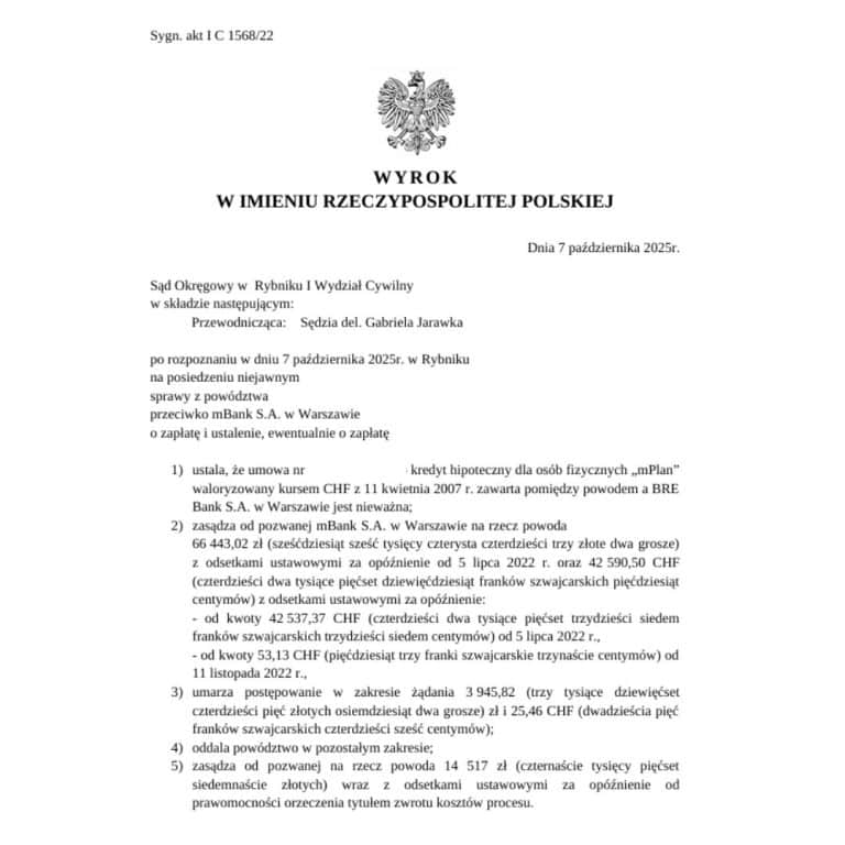Wyrok frankowy przeciwko mbank SA Sąd Okręgowy w Rybniku