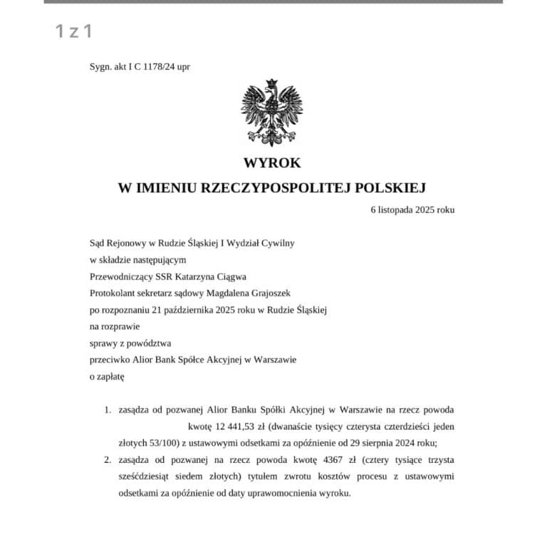Wyrok sankcja kredytu darmowego przeciwko Alior Bank Sąd Rejonowy w Rudzie Śląskiej