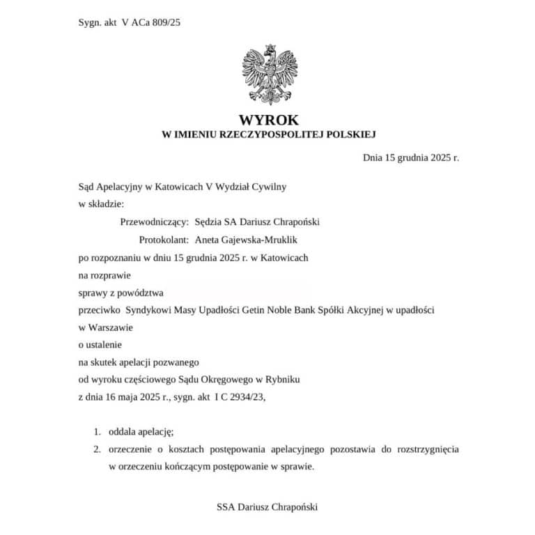 Sąd Apelacyjny w Katowicach wyrok przeciwko Syndykowi Getin Noble Bank