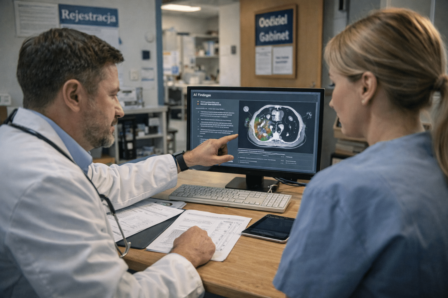Lekarz i pielęgniarka analizują wynik systemu AI na monitorze w polskim szpitalu