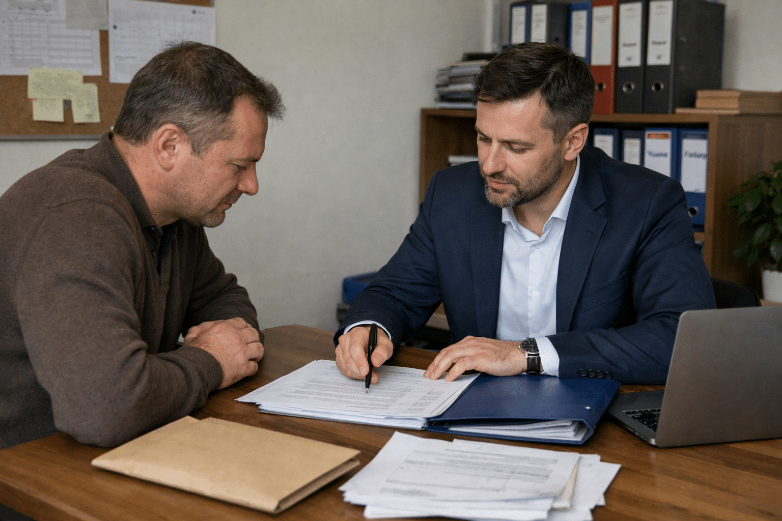 Przedsiębiorca rozmawia z prawnikiem o pozwie PFR o zwrot subwencji