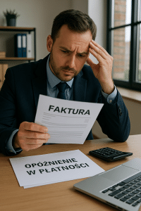 Przedsiębiorca analizuje wezwanie do zapłaty z odsetkami za opóźnienie w płatności – biuro małej firmy w Polsce