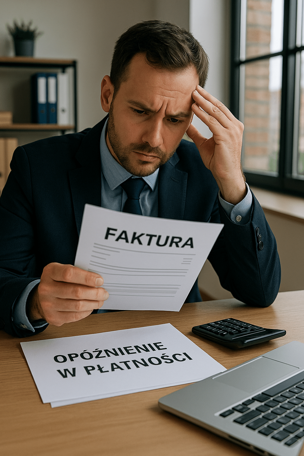 Przedsiębiorca analizuje wezwanie do zapłaty z odsetkami za opóźnienie w płatności – biuro małej firmy w Polsce