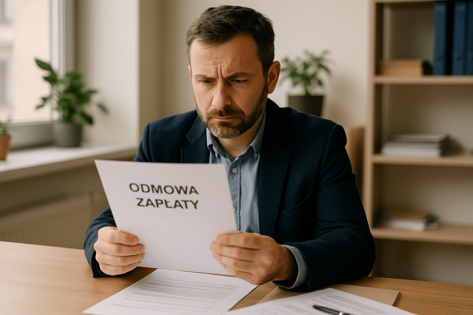 Przedsiębiorca analizuje dokument otrzymany od kontrahenta w biurze małej polskiej firmy