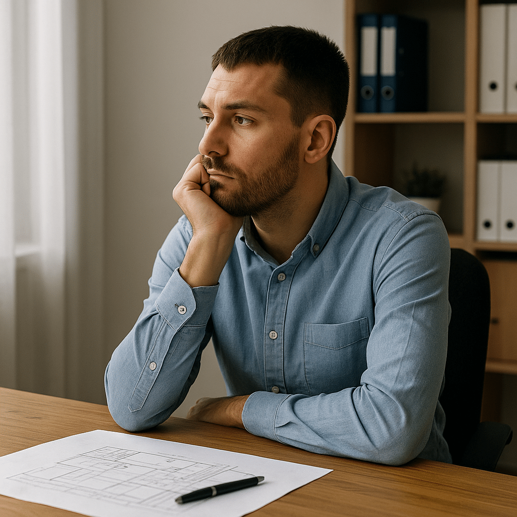 Przedsiębiorca czeka na materiały od klienta, siedząc przy biurku z niedokończonym projektem w biurze małej polskiej firmy