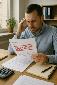 Przedsiębiorca analizuje nieopłaconą fakturę w biurze małej polskiej firmy, siedząc przy biurku z dokumentami