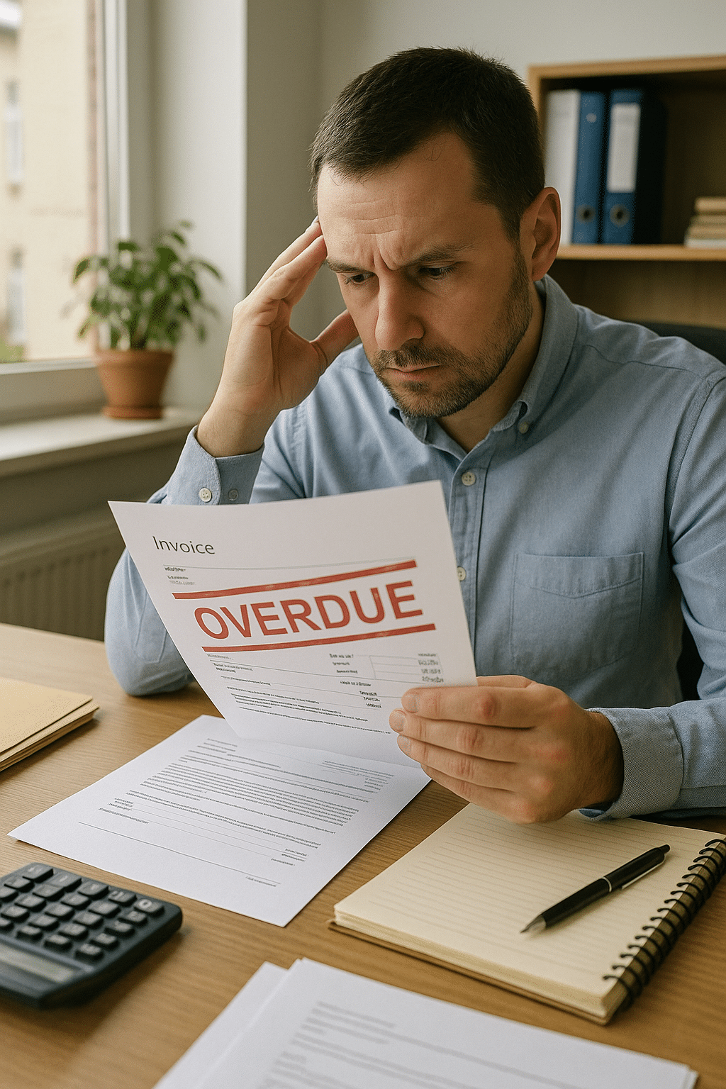Przedsiębiorca analizuje nieopłaconą fakturę w biurze małej polskiej firmy, siedząc przy biurku z dokumentami