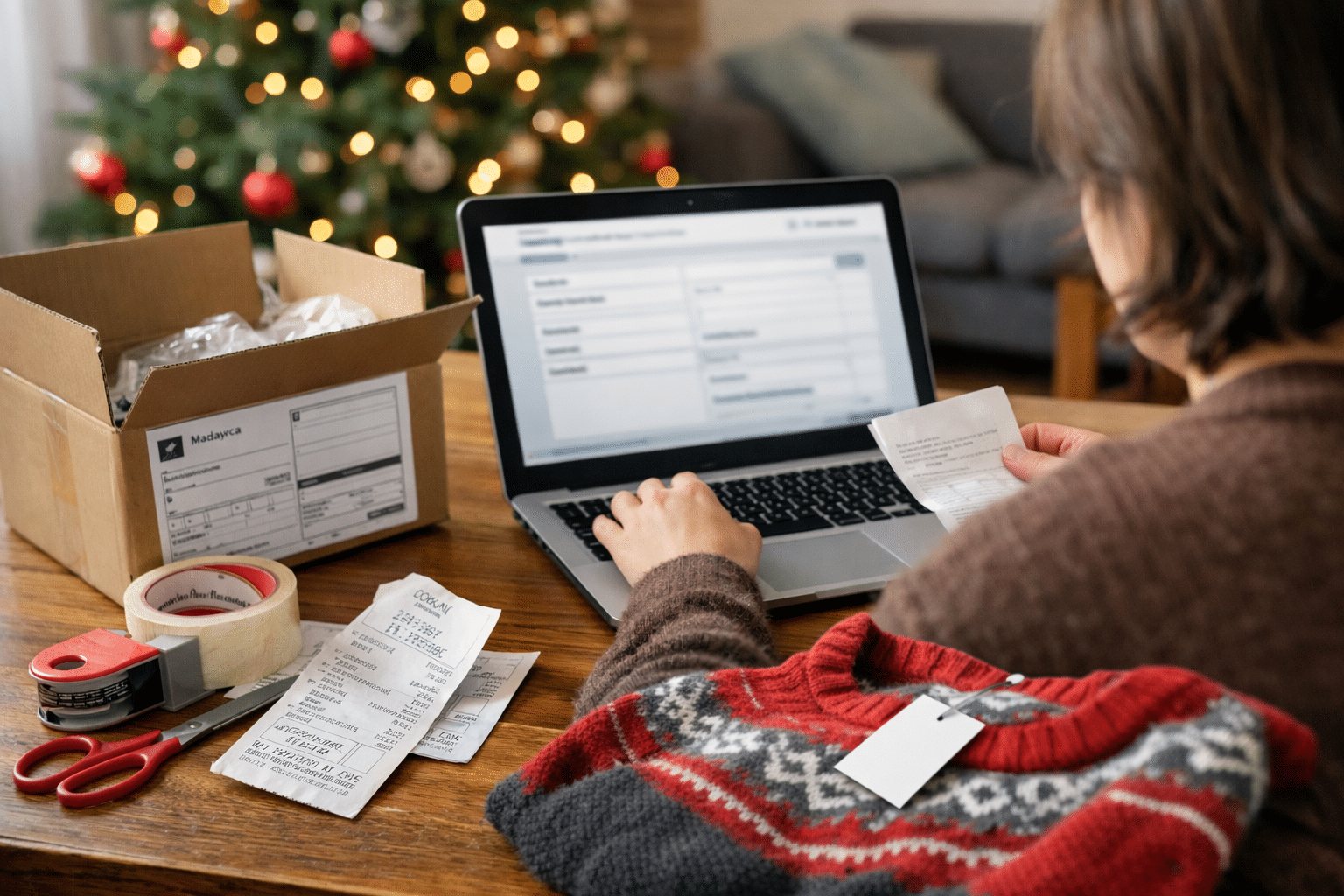 Nietrafiony prezent – przygotowanie paczki do zwrotu po świętach, dokumenty i pudełko na stole.