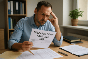 Przedsiębiorca przegląda dokumenty dotyczące niezapłaconej faktury w biurze małej polskiej firmy