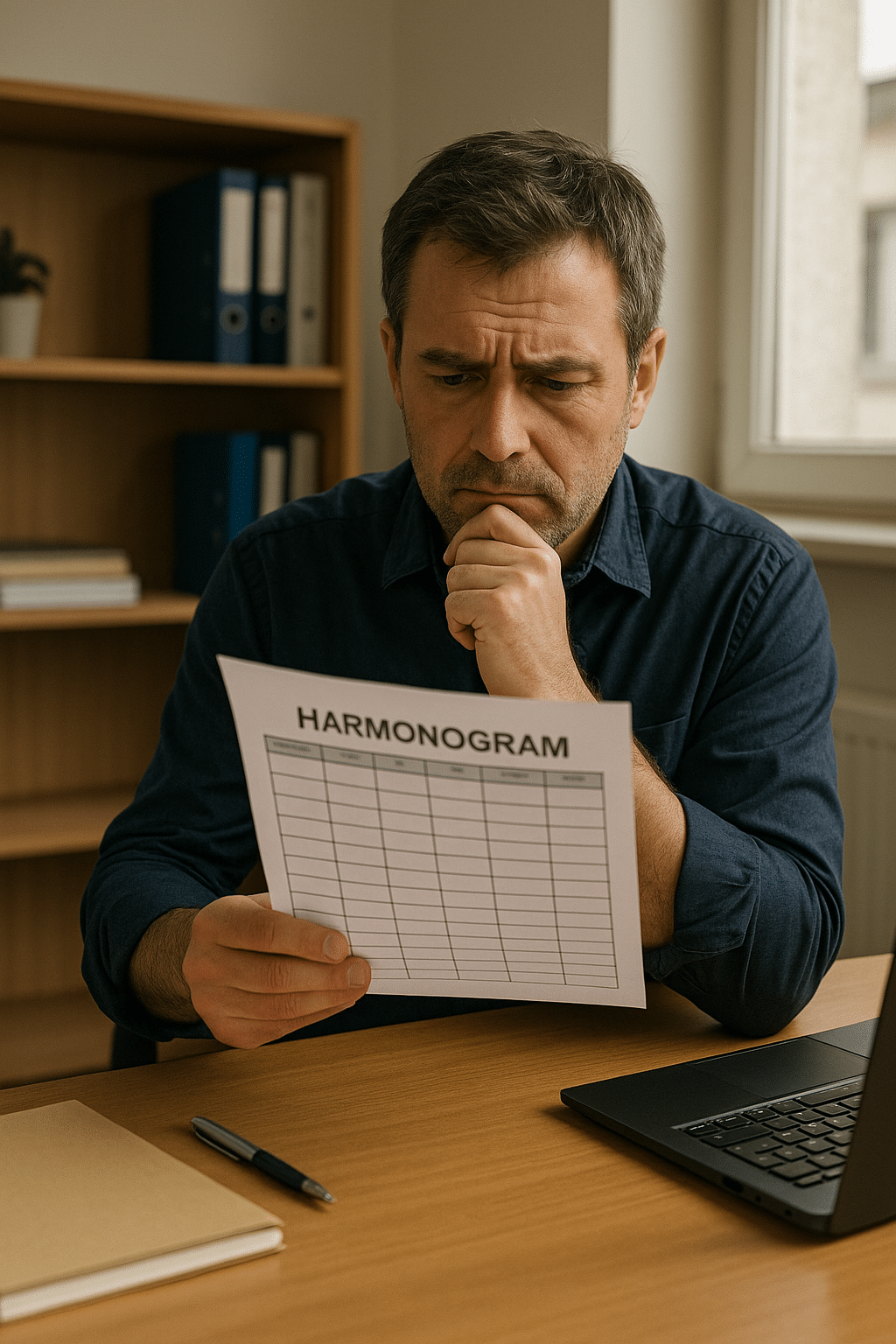 Przedsiębiorca analizuje harmonogram prac w biurze małej polskiej firmy, trzymając dokument przy biurku