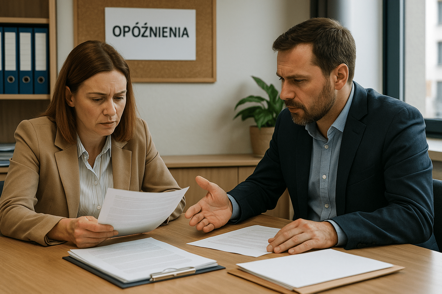 Przedsiębiorca omawia z klientem opóźnienie w realizacji usługi przy biurku w małej polskiej firmie