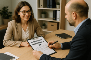 Przedsiębiorca i klient omawiają warunki porozumienia o współpracy B2B przy biurku w małej polskiej firmie