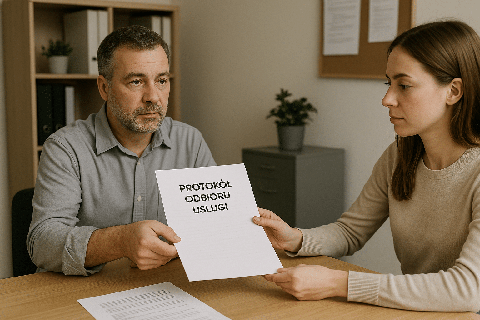 Przedsiębiorca przekazuje klientce dokument potwierdzający odbiór usługi w biurze małej polskiej firmy