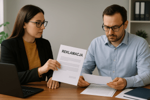 Klientka zgłasza reklamację przedsiębiorcy, przekazując dokumenty podczas rozmowy w biurze małej polskiej firmy