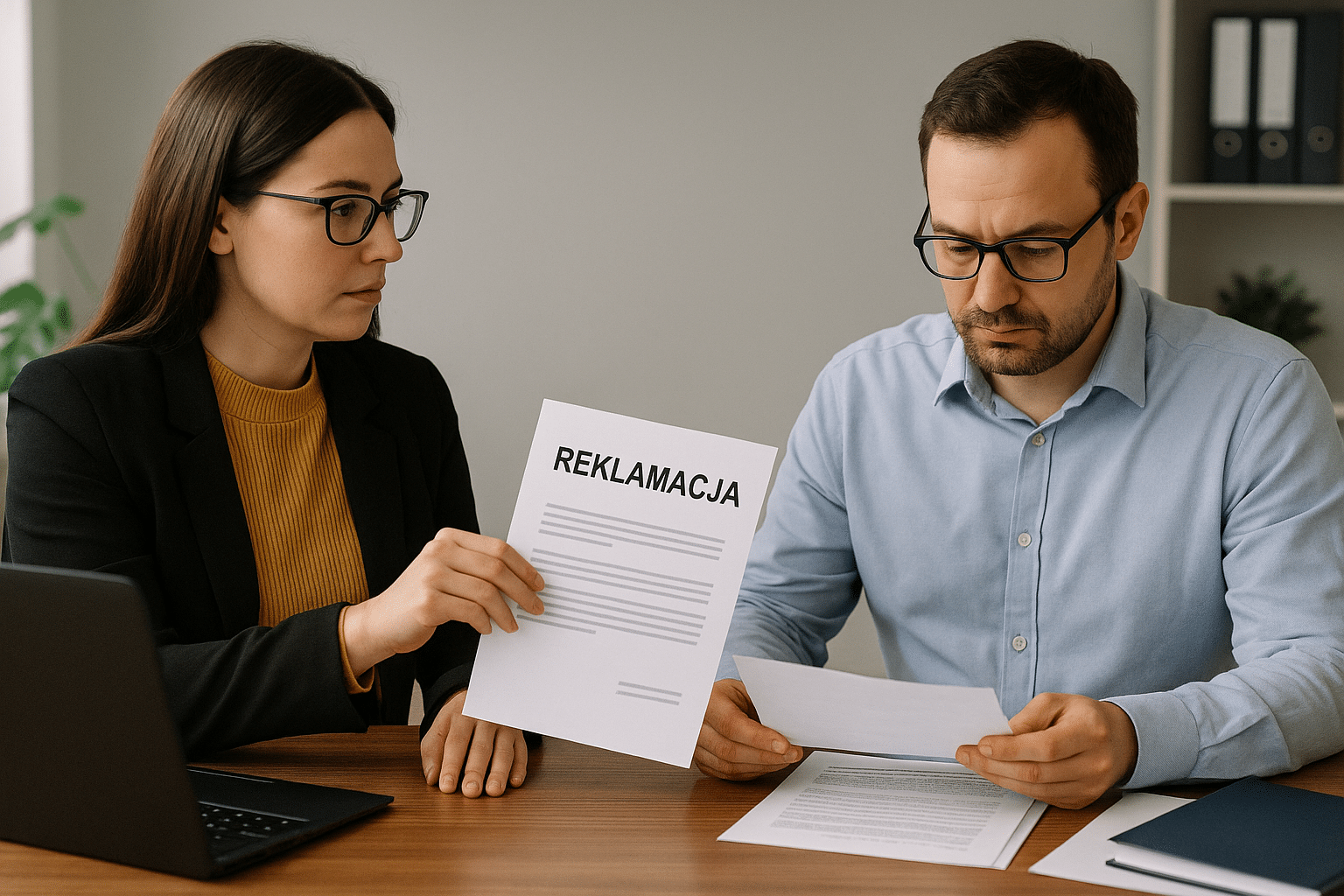 Klientka zgłasza reklamację przedsiębiorcy, przekazując dokumenty podczas rozmowy w biurze małej polskiej firmy