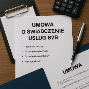 Dokumenty i akcesoria biurowe ułożone na biurku małej polskiej firmy podczas przygotowywania umowy o świadczenie usług B2B