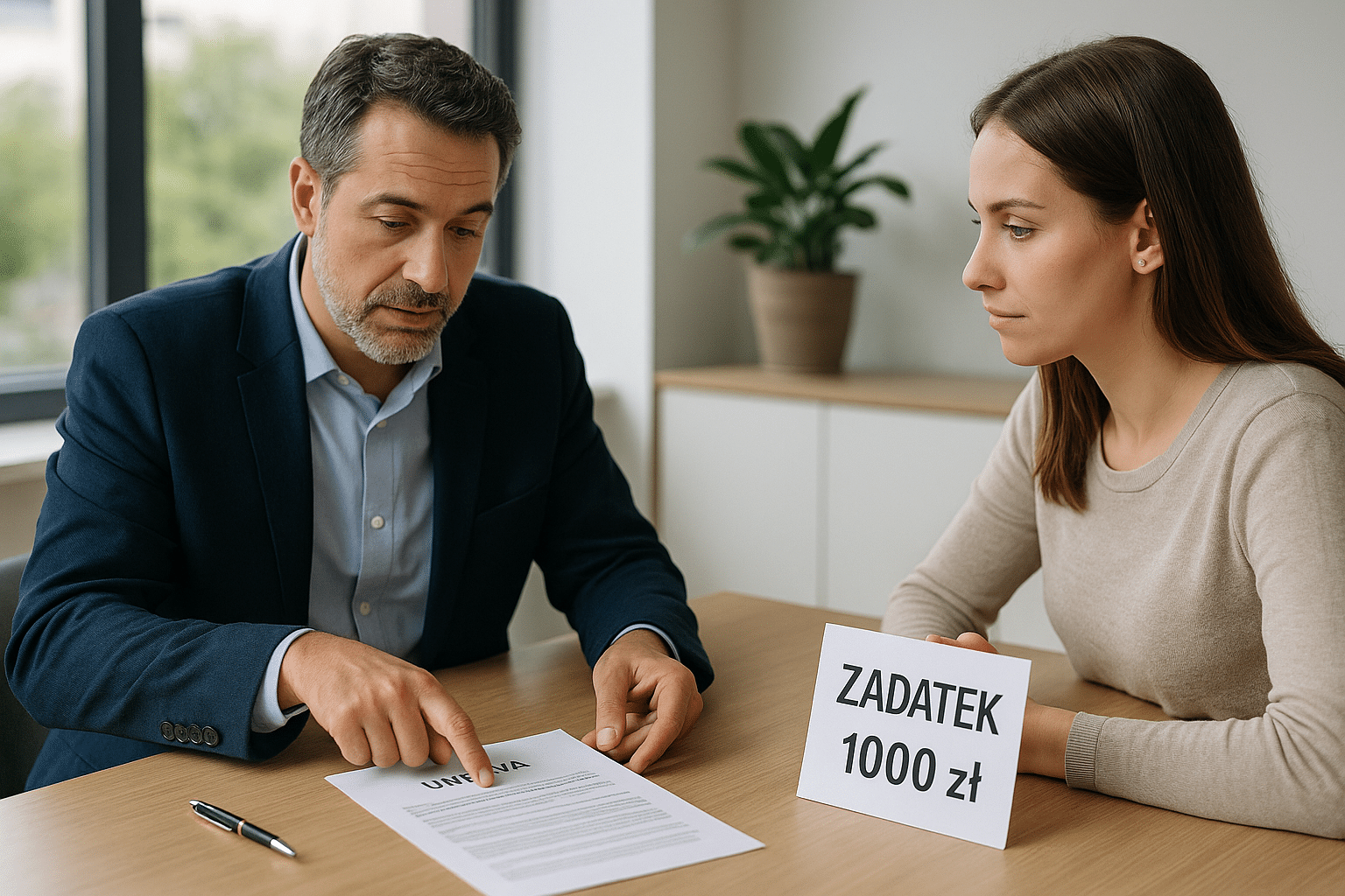 Przedsiębiorca i klient omawiają warunki płatności i wysokość zadatku przy biurku w małej polskiej firmie