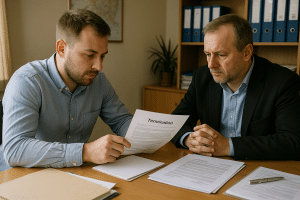 Przedsiębiorca omawia z klientem rozwiązanie umowy i zakończenie współpracy w biurze małej polskiej firmy