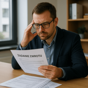 Przedsiębiorca analizuje dokument dotyczący żądania zwrotu pieniędzy w biurze małej polskiej firmy