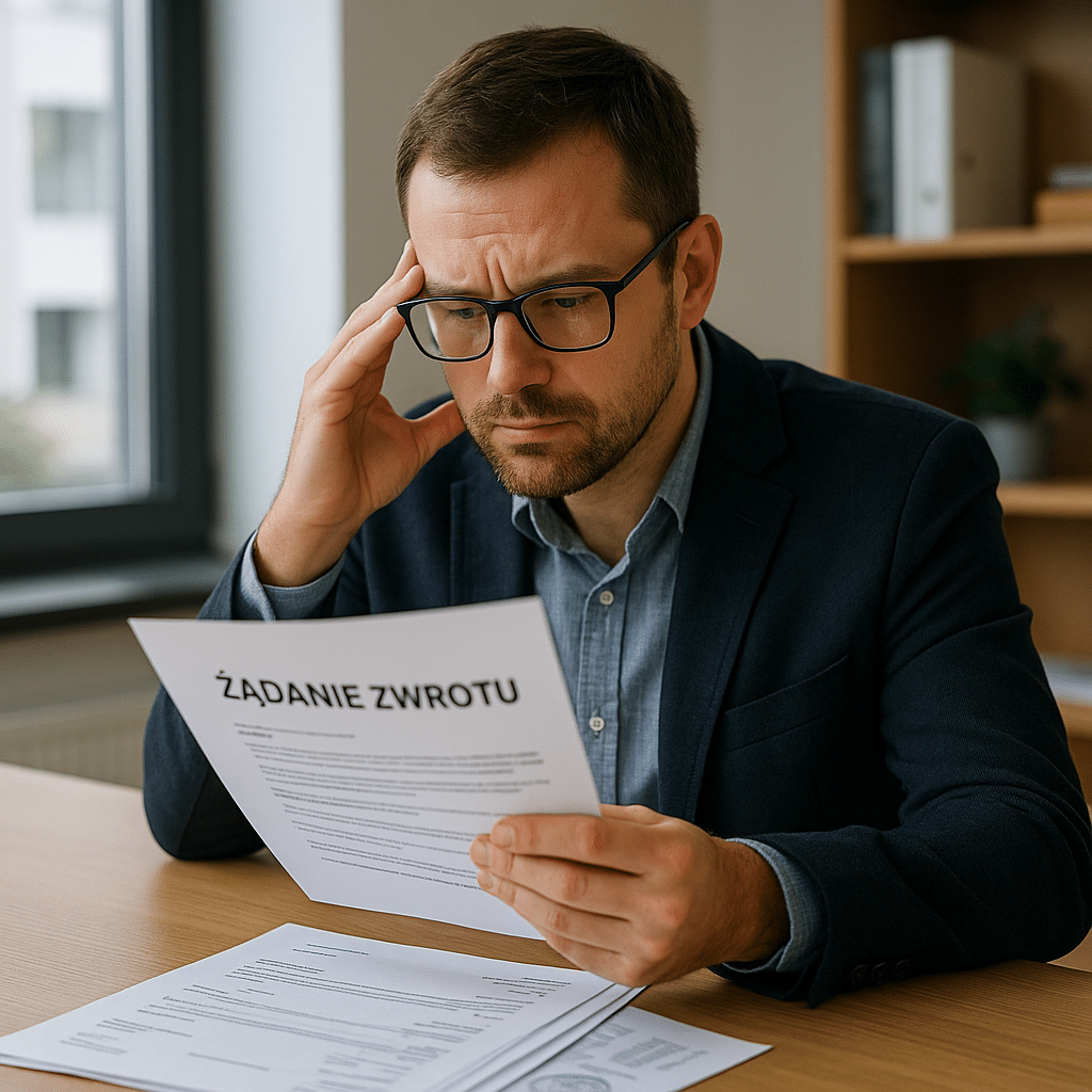 Przedsiębiorca analizuje dokument dotyczący żądania zwrotu pieniędzy w biurze małej polskiej firmy