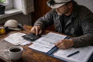 Górnik analizujący paski wynagrodzeń i grafik zmian – dodatki za nadgodziny