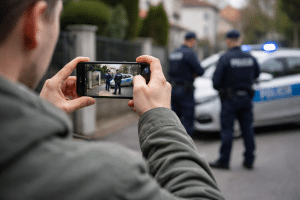 Nagrywanie interwencji policji w miejscu publicznym – osoba trzyma telefon i filmuje z dystansu, realistyczna scena w Polsce
