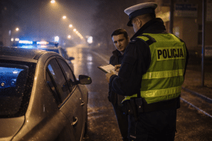 Nocna kontrola drogowa w Polsce – policjant spisuje dane kierowcy przy zatrzymanym samochodzie, realistyczna scena