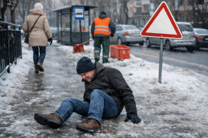 Pieszy poślizgnął się na oblodzonym chodniku zimą, w tle odśnieżany pas i pracownik komunalny – realistyczna scena