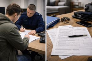 Przesłuchanie świadka na policji – osoba podpisuje protokół w komisariacie, realistyczna scena w Polsce