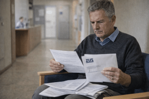 mężczyzna analizuje decyzję i dokumenty z ZUS dotyczące emerytury po wcześniejszym świadczeniu – realistyczna scena