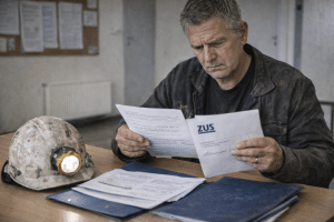 górnik analizuje dokumenty i decyzję z ZUS dotyczącą emerytury po wcześniejszym świadczeniu – realistyczna scena