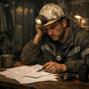 zmęczony górnik analizuje czas pracy i nadgodziny w kopalni w Polsce