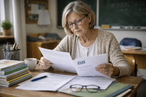 nauczycielka analizuje dokumenty i decyzję z ZUS dotyczącą emerytury po wcześniejszym świadczeniu – realistyczna scena