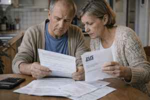 Emeryci przeglądają dokumenty z ZUS dot. przeliczenia emerytury po wcześniejszej emeryturze