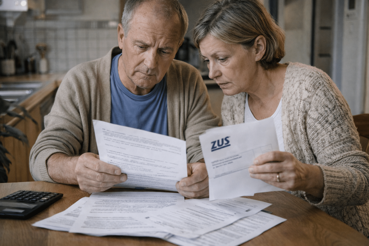 Emeryci przeglądają dokumenty z ZUS dot. przeliczenia emerytury po wcześniejszej emeryturze