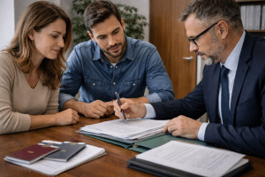 para z adwokatem omawia dokumenty do ślubu z obcokrajowcem w kancelarii – realistyczna scena