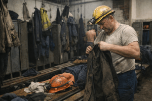 górnik przebieranie się w łaźni kopalni przed pracą